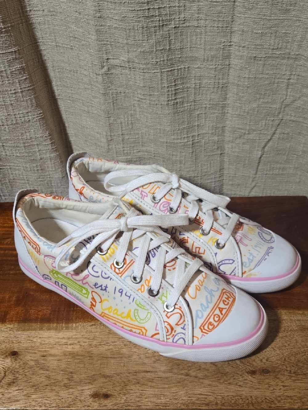 Coach Barrett White Canvas Sneakers with Multicolor Logo Doodles - Size 10B